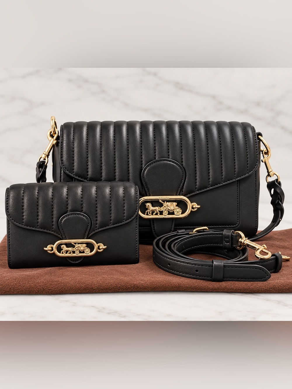 Coach Jade 2733 Linear Quilted Leather Bag + Jade 2931 Wallet Set Black